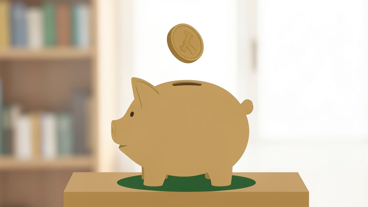 An illustration of a piggy bank with a coin being inserted, symbolizing savings.