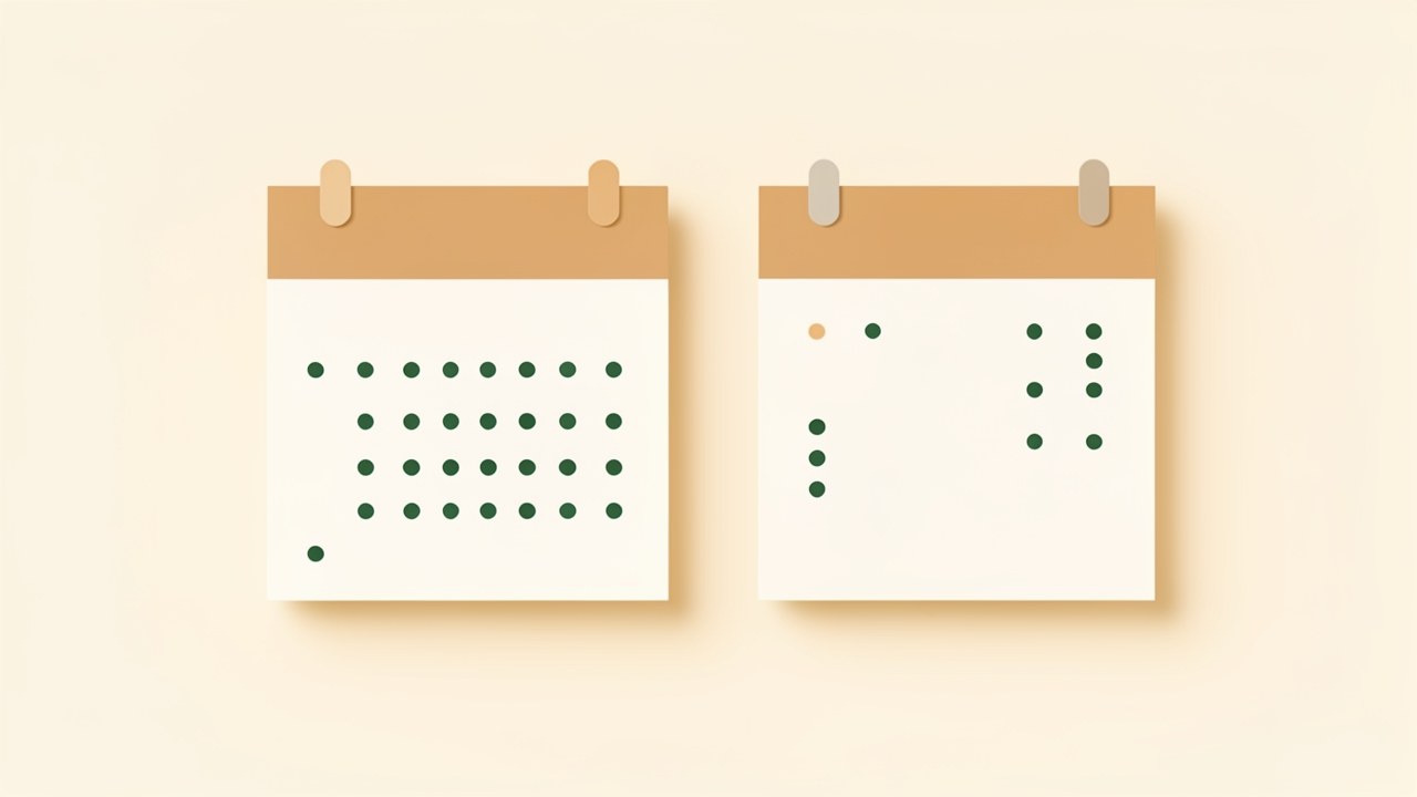 An illustration of two calendars side by side, one marked with alternating dates, symbolizing biweekly payments.